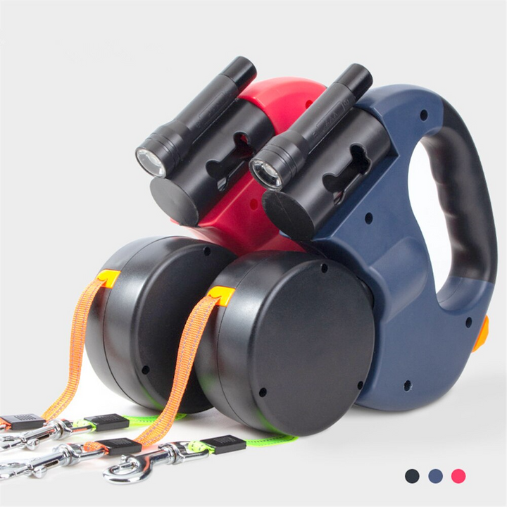 2-in-1 Hundeleine mit LED-Licht & Kotbeutelhalter – Ausziehbar für zwei Hunde