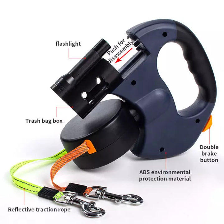 2-in-1 Hundeleine mit LED-Licht & Kotbeutelhalter – Ausziehbar für zwei Hunde